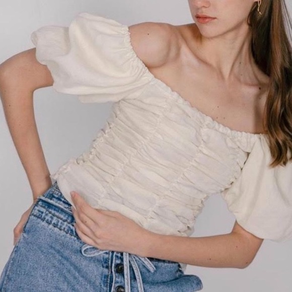 LEORA STUDIO OFF-SHOULDER RUCHED FLOWY SLEEVES TOP - Picture 2 of 9